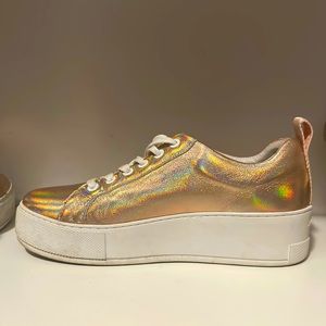Rose gold iridescent rainbow platform sneakers